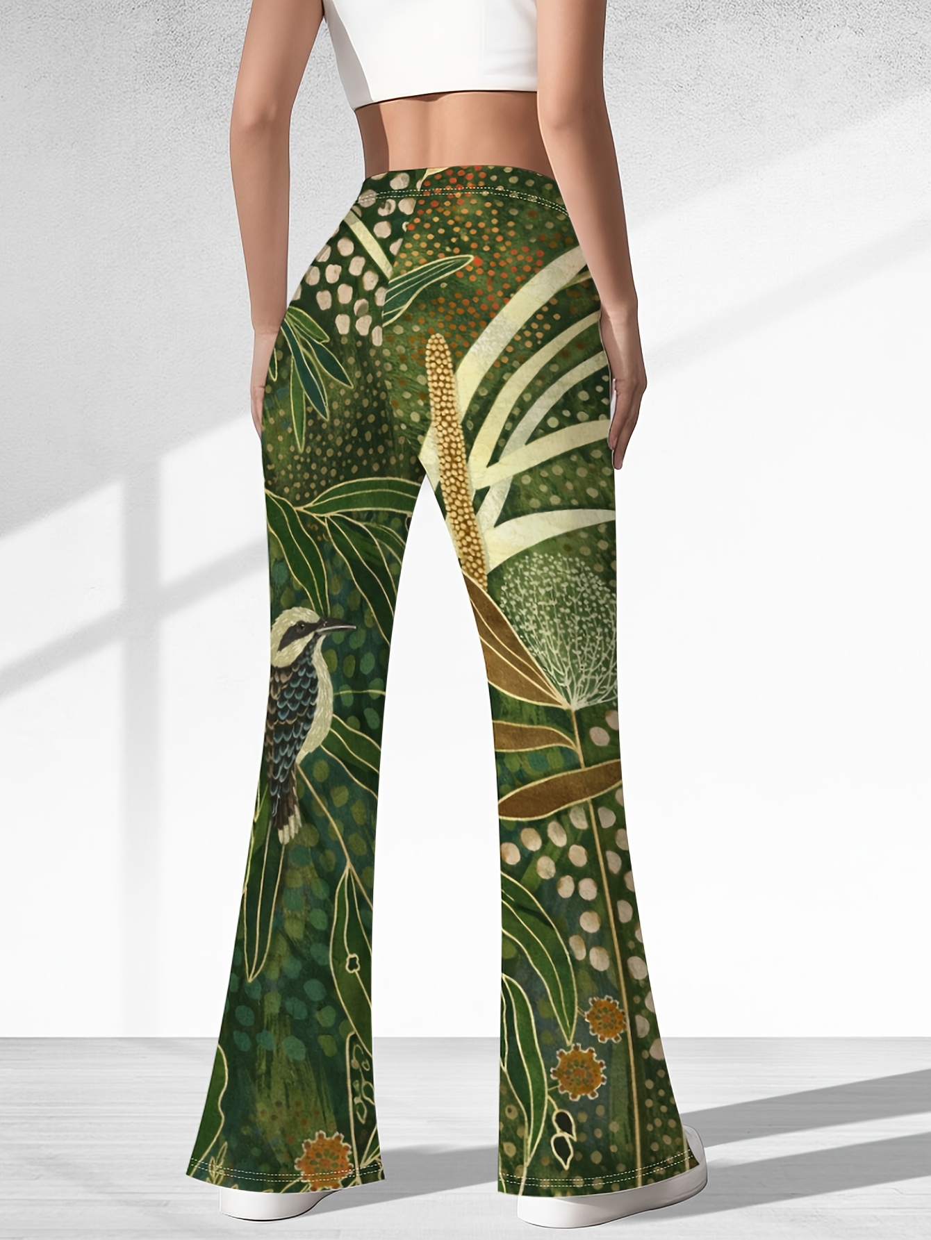   womens high waisted flared pants showcase a chic abstract gradient and sophisticated print complete with an elastic waistband and a wide leg cut   casual   parties and evening occasions fashionable comfy and in