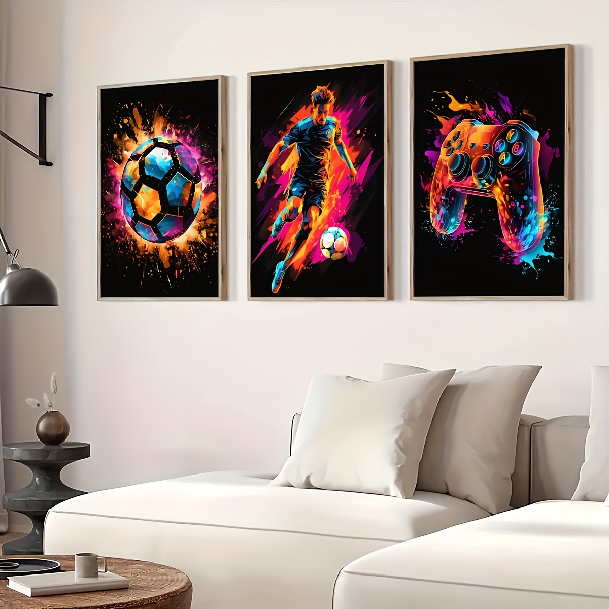 

3-piece Canvas Set, Modern Abstract Splatter Soccer Ball, Athlete, And Gaming Controller Prints, Poster For Living Room Bedroom Home Office Decor, Vibrant Sports & Gaming Theme