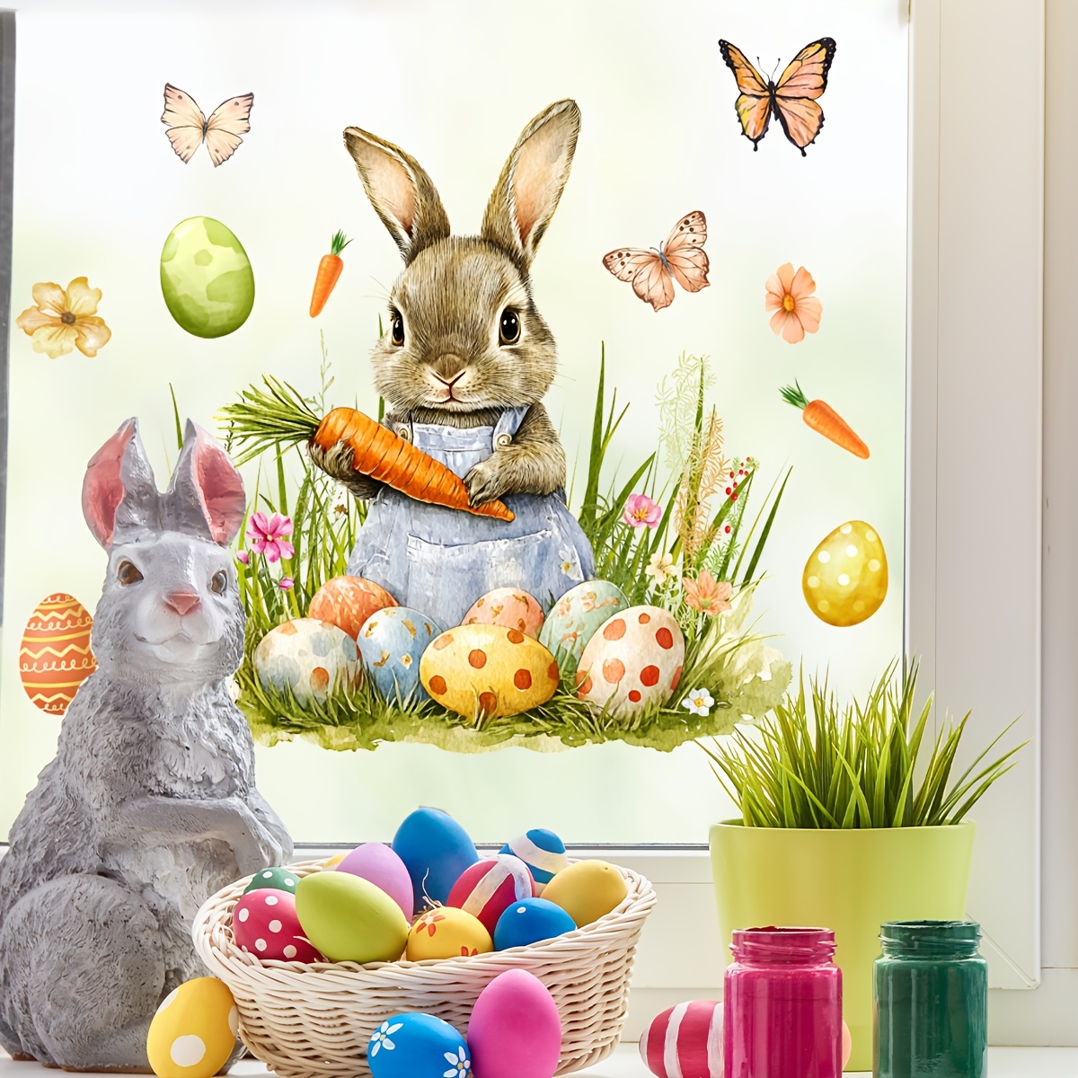 

Easter Bunny & Window Cling Decal - 12"x12" Double-sided, Reusable Pvc Sticker With Eggs & Butterflies, Bedroom & Balcony Decor, Bunny Accessories