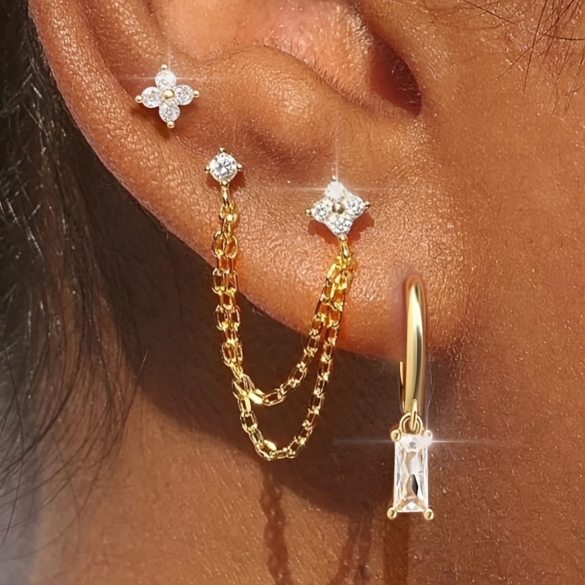 E-shop 6-teiliges elegantes minimalistisches quadratisches Ohrring-Set aus Kupfer mit Blumen-, geometrischem Quasten-Design, Set mit funkelndem