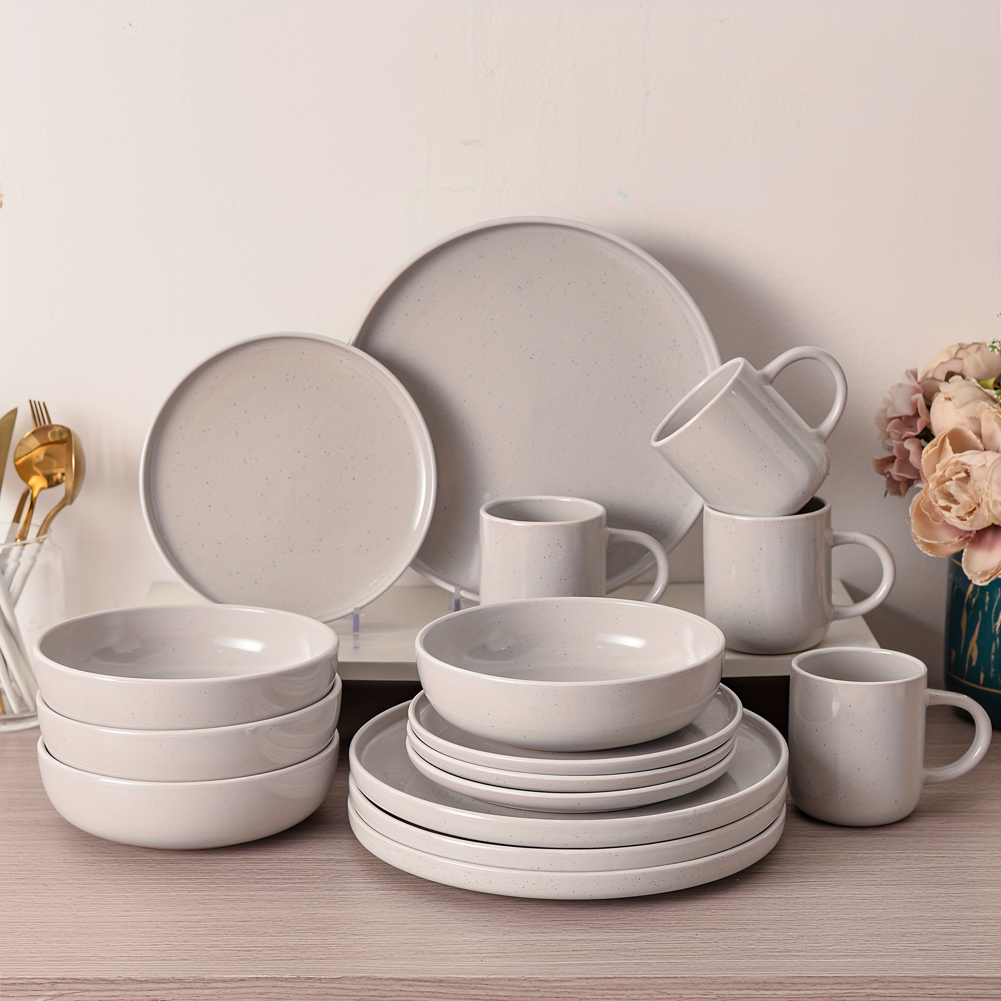 TEMU Dinnerware Sets, 16pcs Dinner Set, Service For 4 (16pcs), Plates Bowls And Mugs Set, Dinnerware Sets For 4