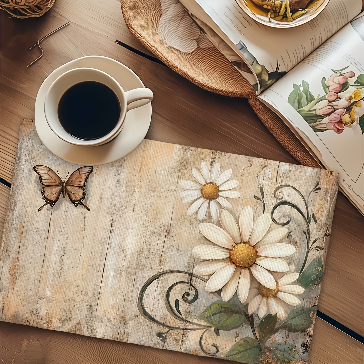 TEMU Sets de table rectangulaires marron avec papillon et marguerite blanche, adaptés à la décoration de table de cuisine et de maison, sets de table