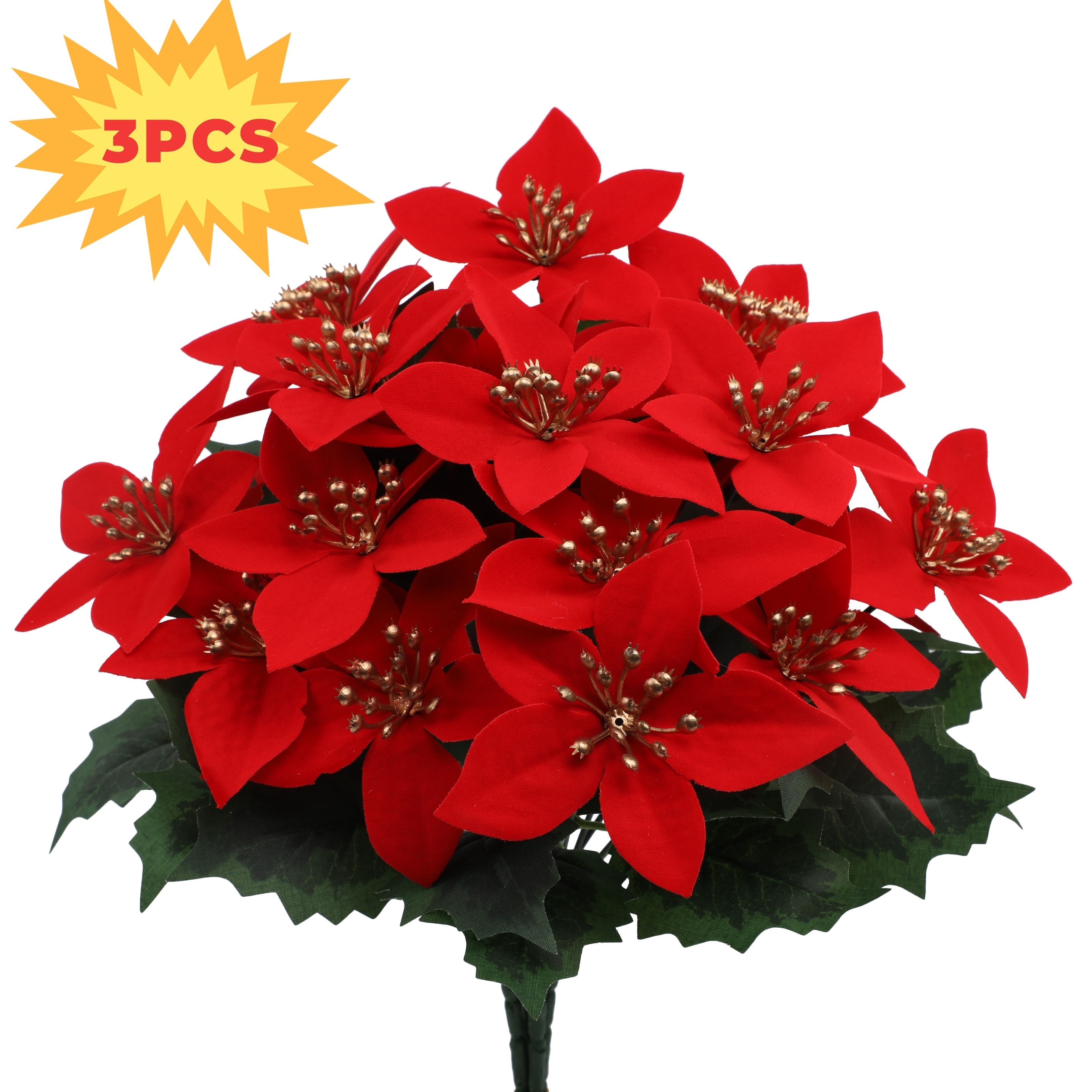 Red Glitter Artificial Poinsettia With Golden Accents, 3pcs Set - Durable Plastic Christmas Tree Decorations For Mantel/desk Display - Festive Winter Ornaments