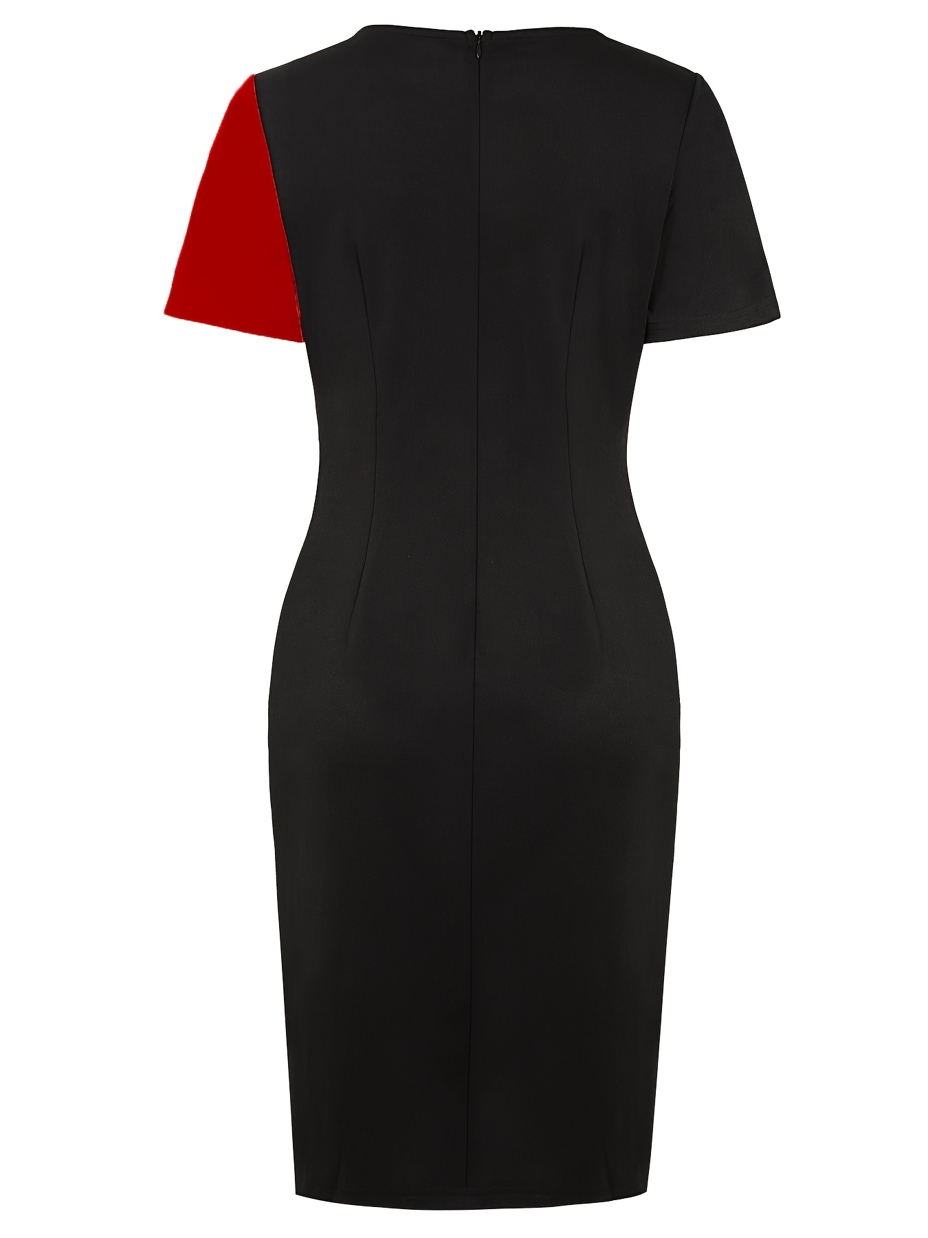 Spring/Summer Business Casual Elegant Women's Side Ruffle Waist Contrast Short Sleeve Round Neck Slim-Fit Midi Dress, Suitable for Formal Occasions or Office Wear