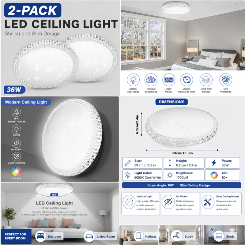TEMU 2-pack Led Ceiling Light 36w 6500k Cool White, Round Flush Mount Ceiling Lamp 39cm 1700lm, Led Ceiling Fixture, No , For Bedroom Living Room