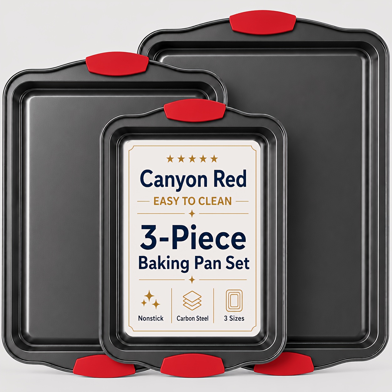 TEMU 3pcs Carbon Steel Oven Baking Pans Set With Detachable Silicone Handles, Premium Steel Bakeware Set, Commercial Grade Rimmed Sheets, Easy-clean