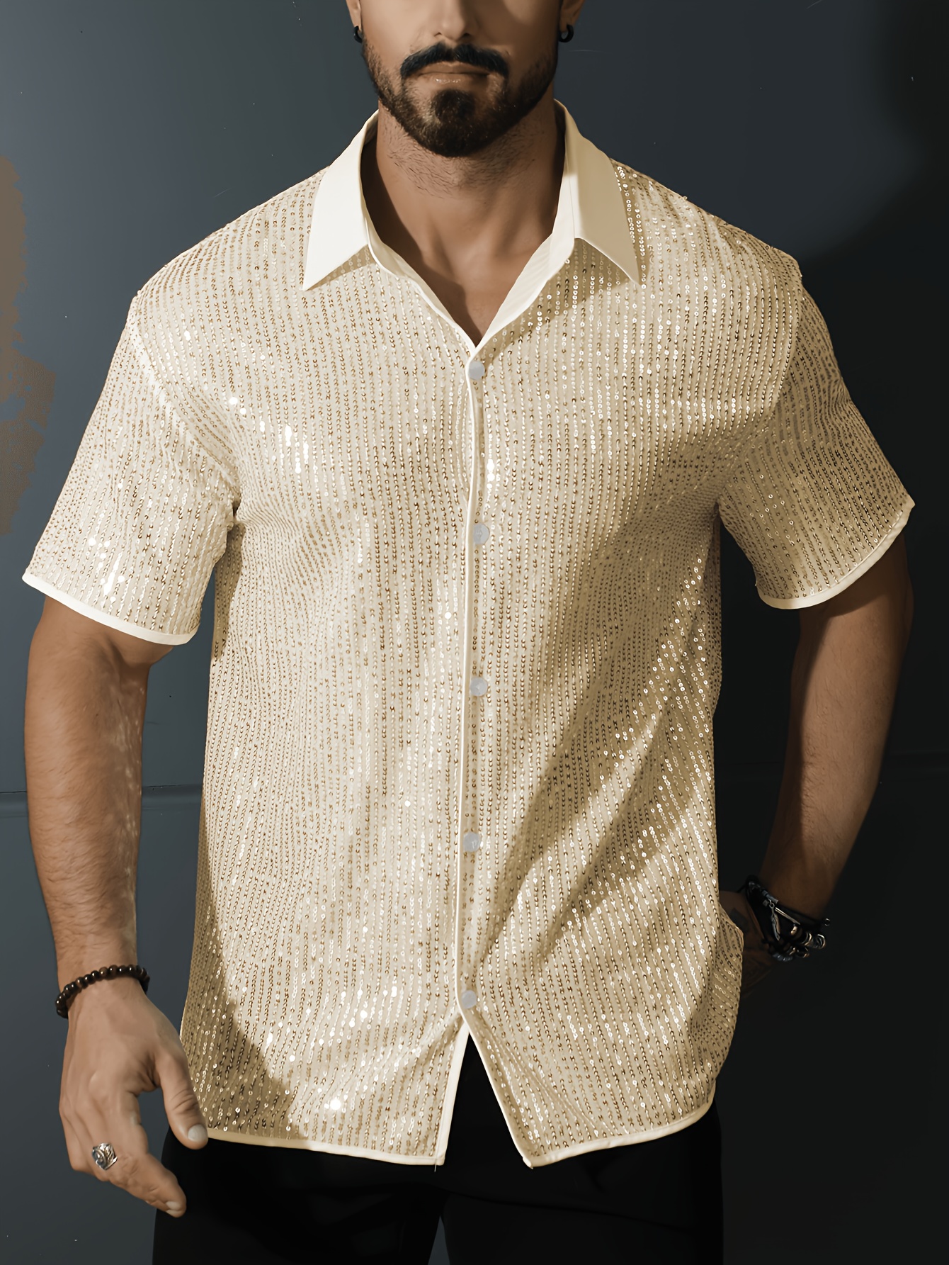 mens retro sequin short sleeve shirt summer party nightclub