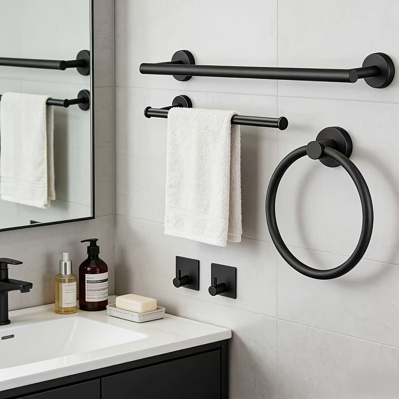 TEMU Matte Black Bathroom Accessories, Bathroom Hardware Set, Sus304 Stainless Steel Bathroom Towel Rack Set, Includes 16-inch Towel Bar, 2 Towel