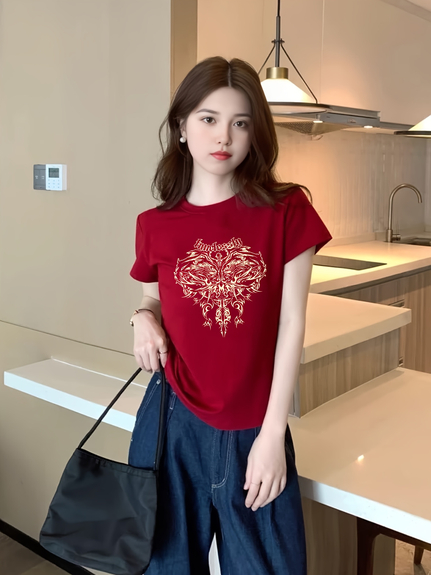 womens   fit short sleeve t shirt 2025 new arrival stylish golden cross print round neck casual summer top casual wear trendy womens tee glossy   Product details 3