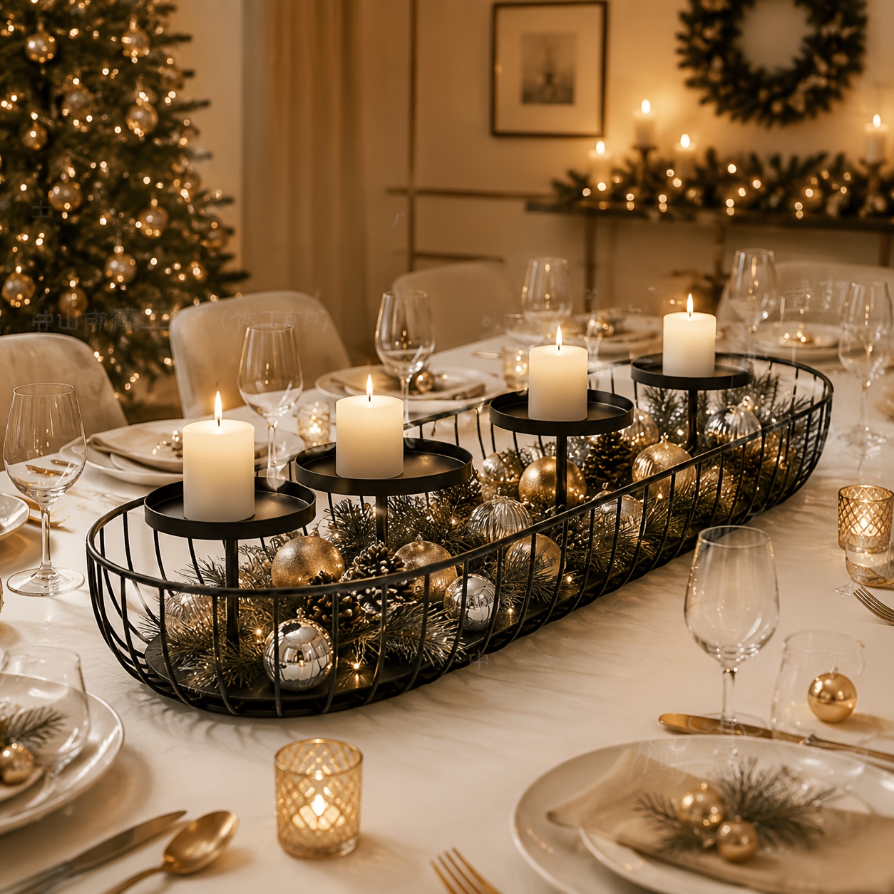 TEMU Oval Grid Wrought Iron Four-post Candle Holder Tray, Matte Black Long Metal Candle Stand, Advent Candle Holder, Openwork Mesh Dining Table