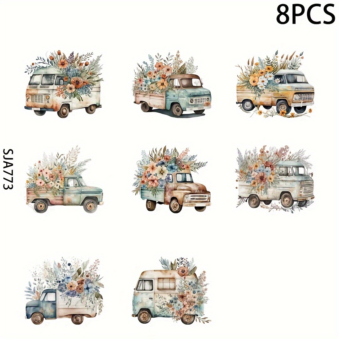 

8pcs Truck With Flowers Pattern Uv Dtf Cup Stickers, Waterproof Sticker Pack For Decorating Mugs, Cups, Bottles, School Supplies, Etc, Arts Crafts, Diy Art Supplies
