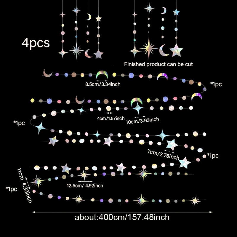 TEMU 8pcs-157inch Iridescent Star Moon Star Long Garland Party Decoration Wreath Banner Colorful Hanging Decor For Weddings, Ramadan, 1st Birthday