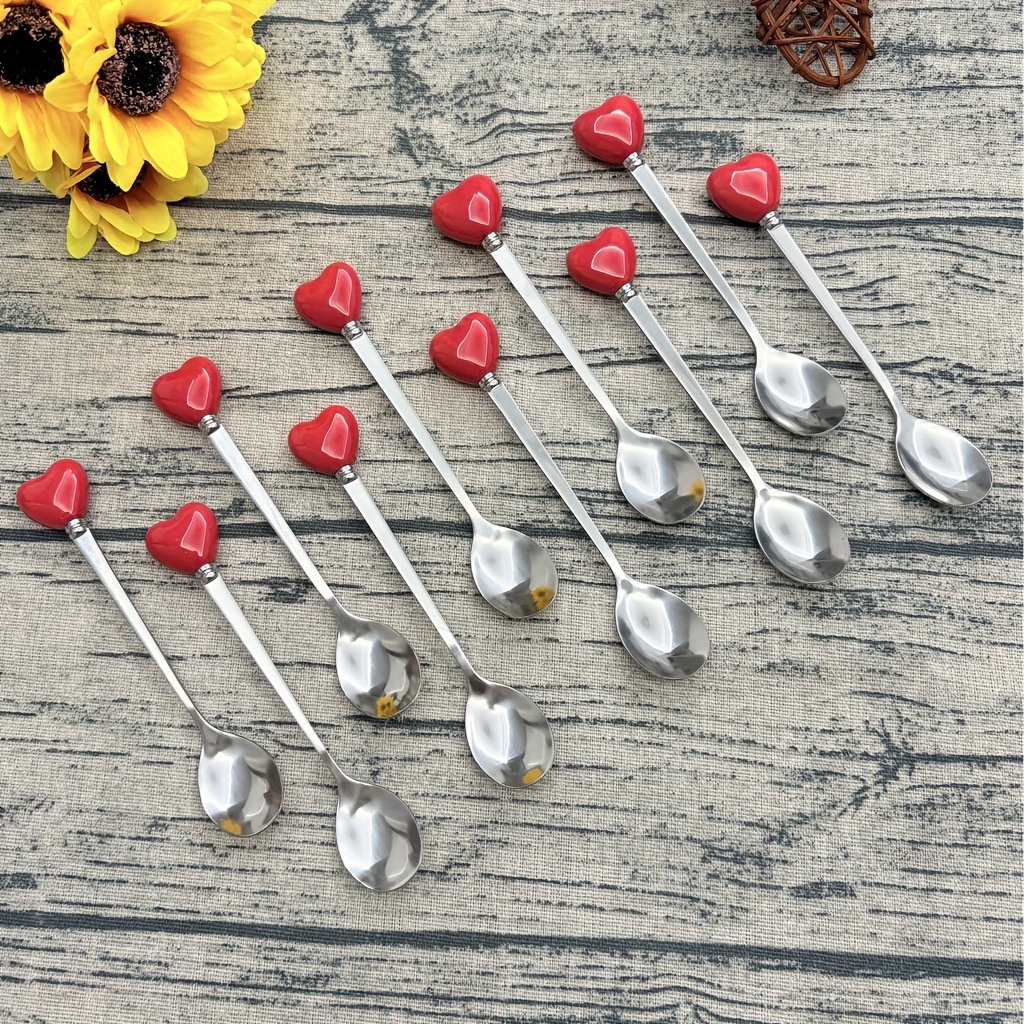 TEMU 10 Pezzi Set di Posate in Acciaio Inossidabile con a Forma di Cuore, Cucchiaino da Caff癡, Cucchiaio da Dessert, Paletta per Gelato, Forchettina