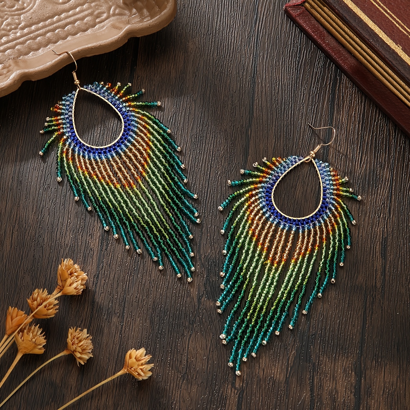Women's Bohemian Gradient Rice Bead Tassel Earrings