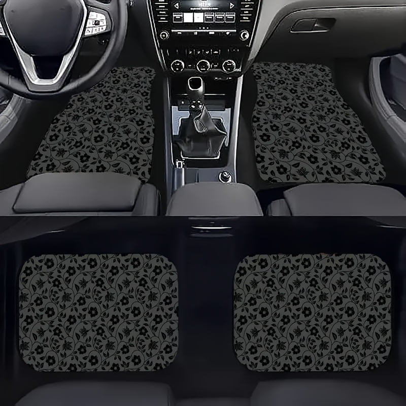 

4-piece Vehicle Floor Mats - Black Floral Pattern, Front And Rear Seat Protective Liners Compatible With Most Sedans, Suvs, And Trucks, Polyester Fiber Material