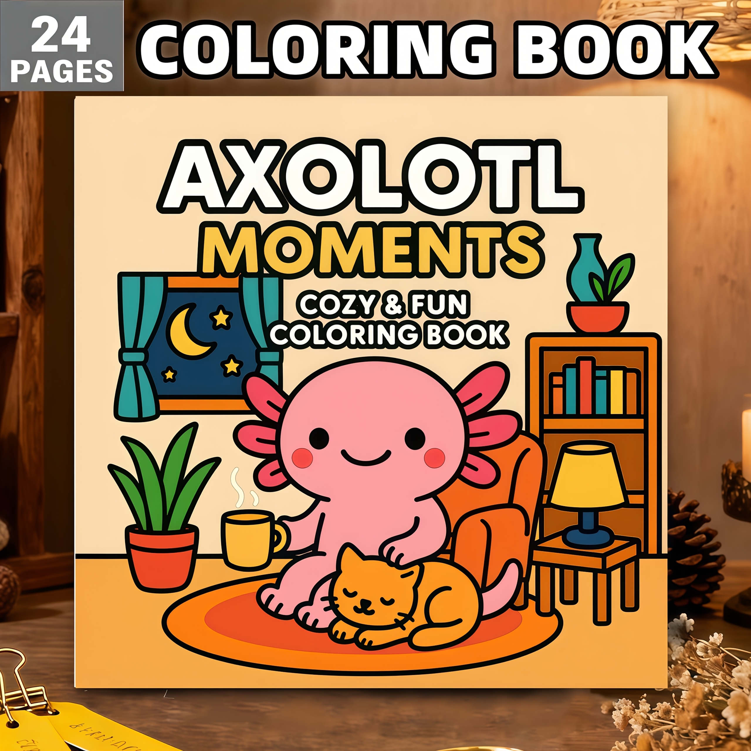 TEMU Axolotl Cute Coloring Book, 24 Pages In Total, Featuring A Warm And Soothing . Adorable Axolotls And Cats In Casual Daily Scenes, With Simple