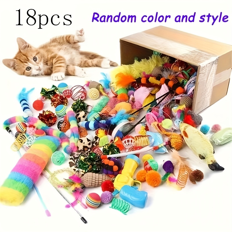 This 18pcs Cat Toy Mix Pack Includes A Of Plastic And Plush Toys, Perfect For Multiple Cats To Play With . It Ensures Has A Different Toy Day. Colors, Styles, Shapes, And Sizes Are . Materials: Plasti
