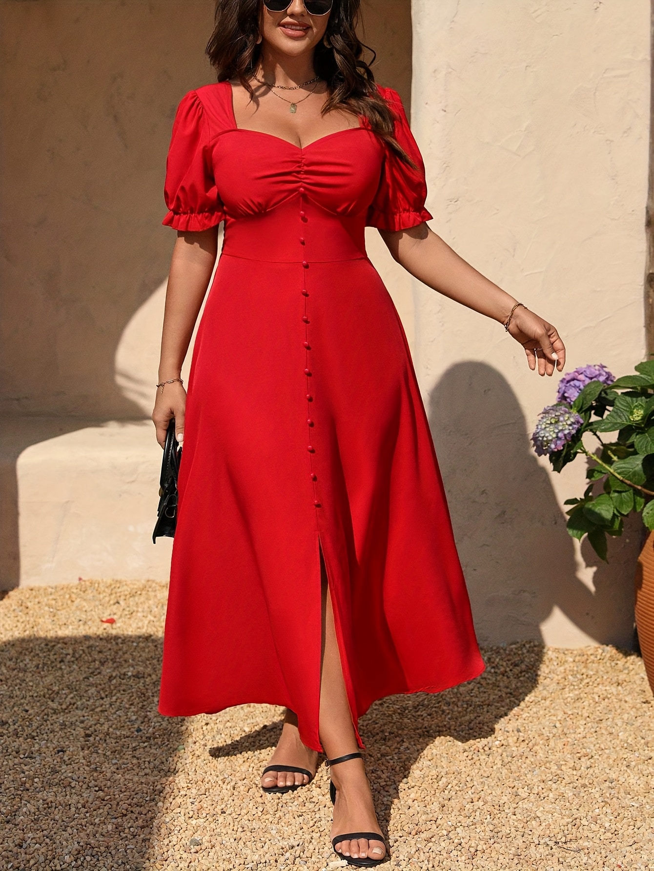 elegant plus size red midi dress sweetheart neckline ruffle Temu