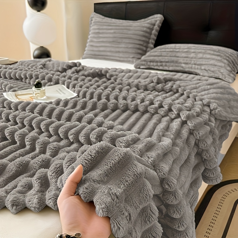 Image of 1pc Ribbed Coral Blanket, Pillowcase And Insert Not Included, Solid Color Comfortable Sofa Blanket Camping Blanket, Suitable For , Machine Washable, Ideal For Bedrooms, Dormitories, And Hotels