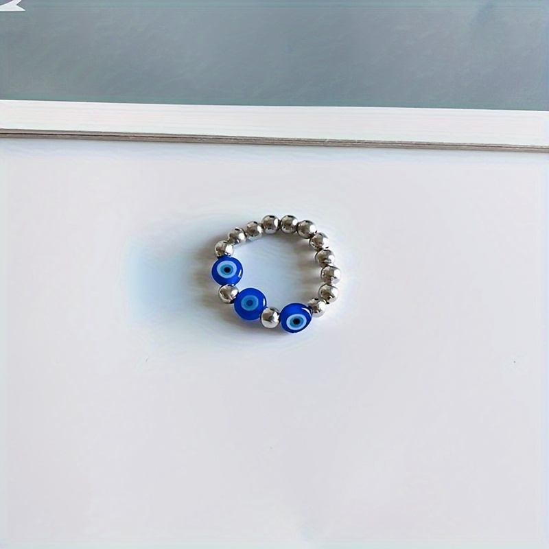 Evil Eye Protection Ring Stackable Adjustable Silvery Beaded Jewelry for Women