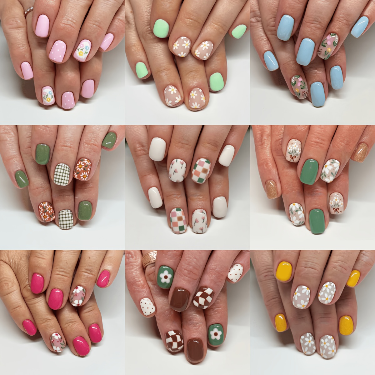 TEMU 216pcs Short Square Press-on Fake Nails Suitable For Women - Multicolor (pink, Blue, Red, White) & Flower Grid Nail Tips, 12 Size Options,