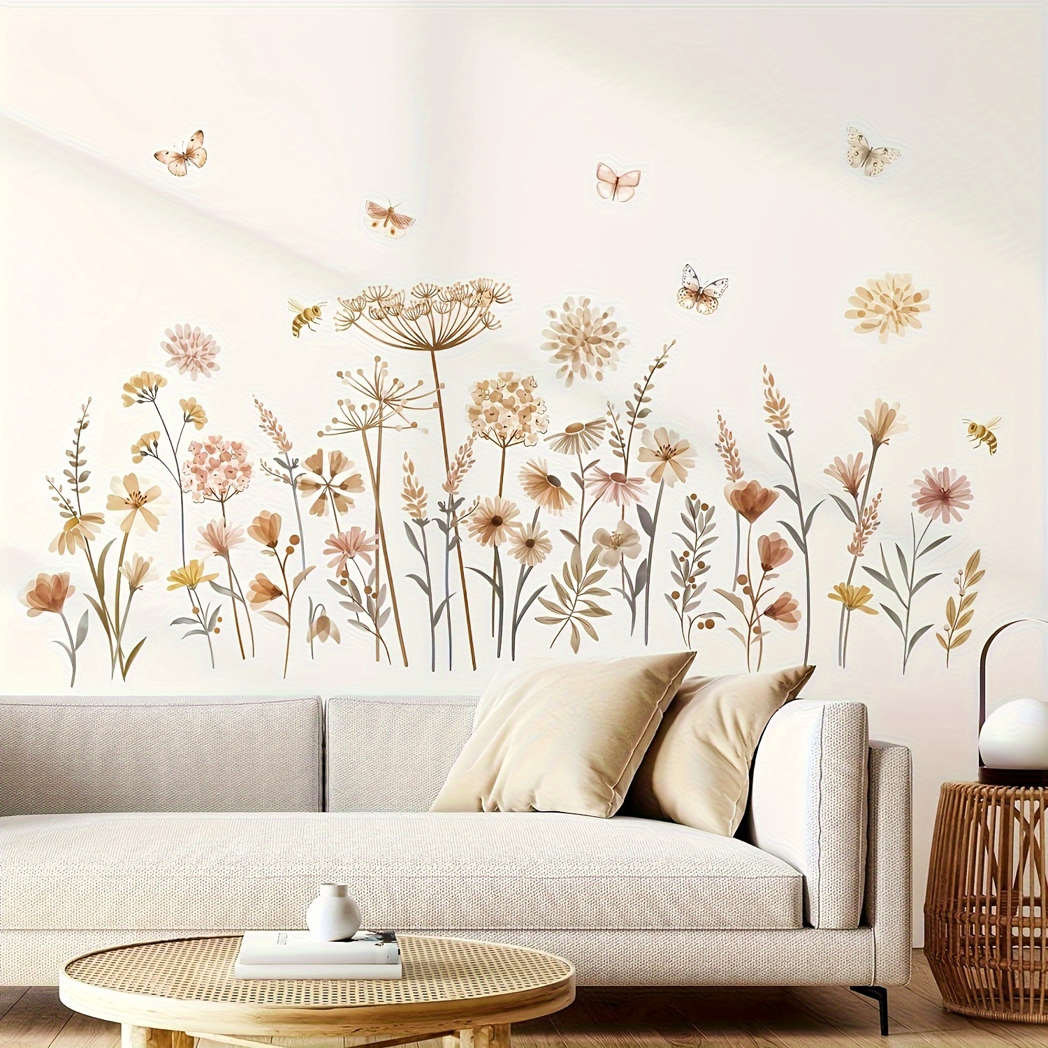 

Contemporary Bohemian Floral Wall Decal Set Of 3 - Vinyl Self-adhesive Reusable Flower Wall Stickers For Bedroom, Living Room, Bathroom Decor - Semi-matte Washable Plant Theme Wall Murals