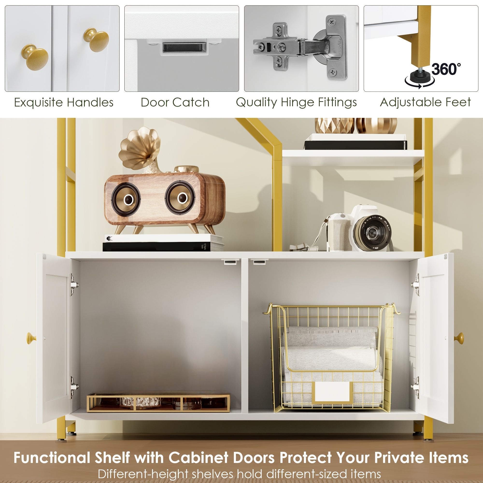 76'' Tall Industrial Bookshelf with Doors, Display Large Bookcase With Storage and Organization Cabinet, Unique Geometric Metal Frame Design, Sturdy Wooden Shelves, Organizer for Library, Living Room, Bedroom, Office, White and Golden/Brown and Black