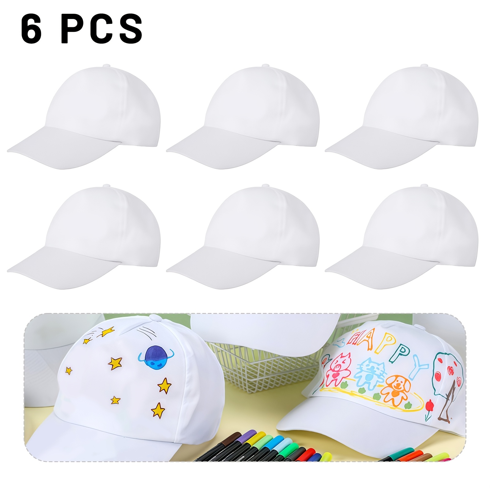 Image of 6 Blank Party Hats And Baseball Caps, Diy Blank Hats, Summer Sun Hats, Perfect For Art Painting , Outdoor Sports And Leisure, Beach Sun Hats, For Baseball Enthusiasts, Suitable For Handmade Crafts