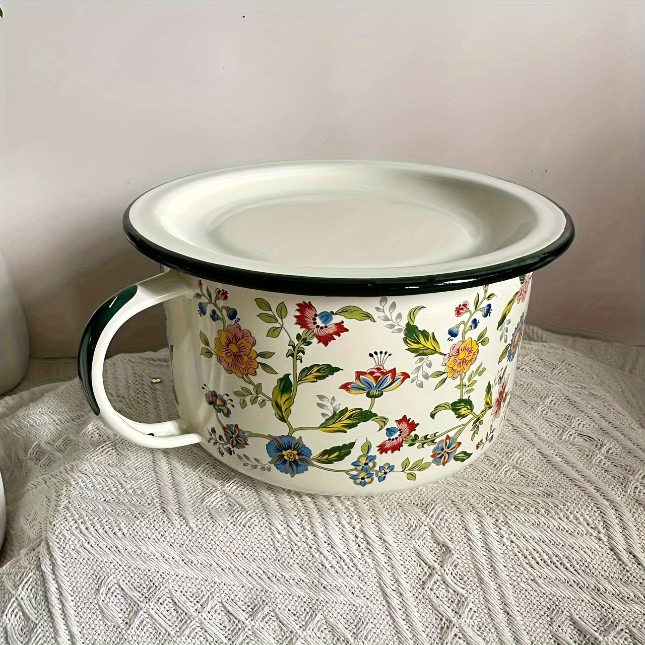 TEMU Vintage-inspired Enamel Bowl With Lid - Thick, For Soup, Rice & Noodles - Ideal For Outdoor Picnics, Travel & Festivals