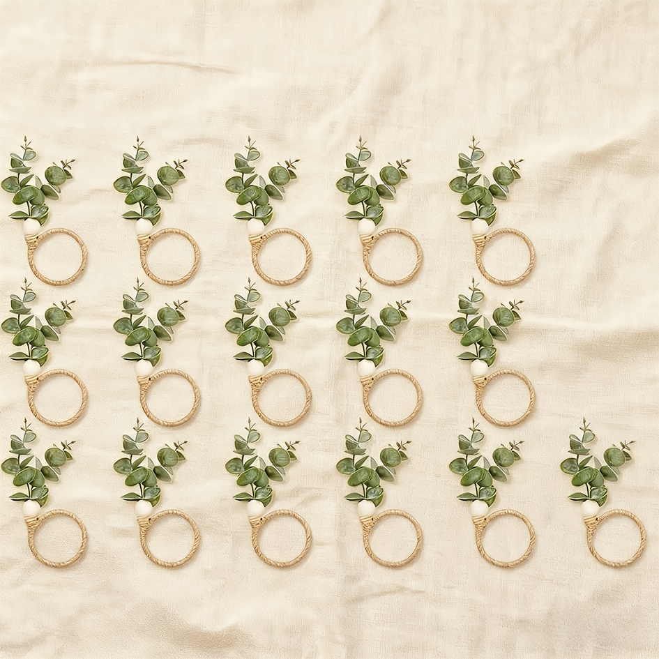 Image of 16pcs Bohemian Geometric, Leaf Vein, And Rustic Bead Design Napkin Ring Set | Plastic Material, Perfect For Christmas, Thanksgiving, New Year, Valentine's Day, And Wedding Party Table Decorations