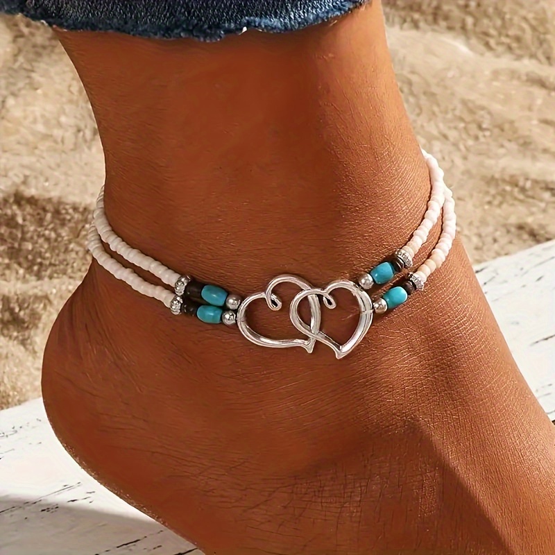 

1 Sparkling Heart-shaped Multi Colored Bead Ankle Chain Set - Summer Beach Fashion Ankle Chain, Adjustable Elastic Bohemian Fashion Ankle Chain, Women's Ankle Chain