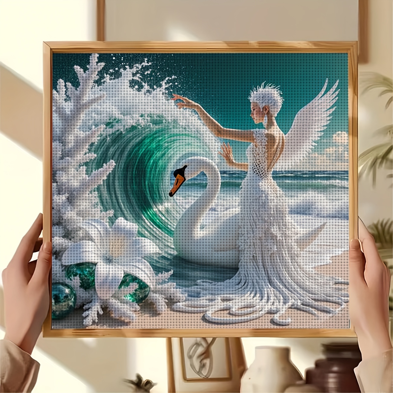 Printed Cross Stitch Kit 'White Winged Angel with Swan' for Beginners