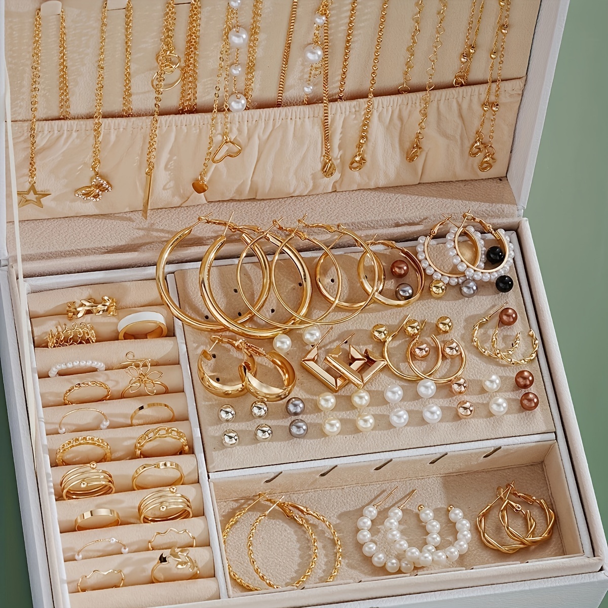 

86-piece Middle Eastern Inspired Simple Set For Women - Geometric, Heart, Floral, , Star Designs With Pearls - Necklaces, Earrings, Rings - Alloy With No Plating - , Gifting, And -