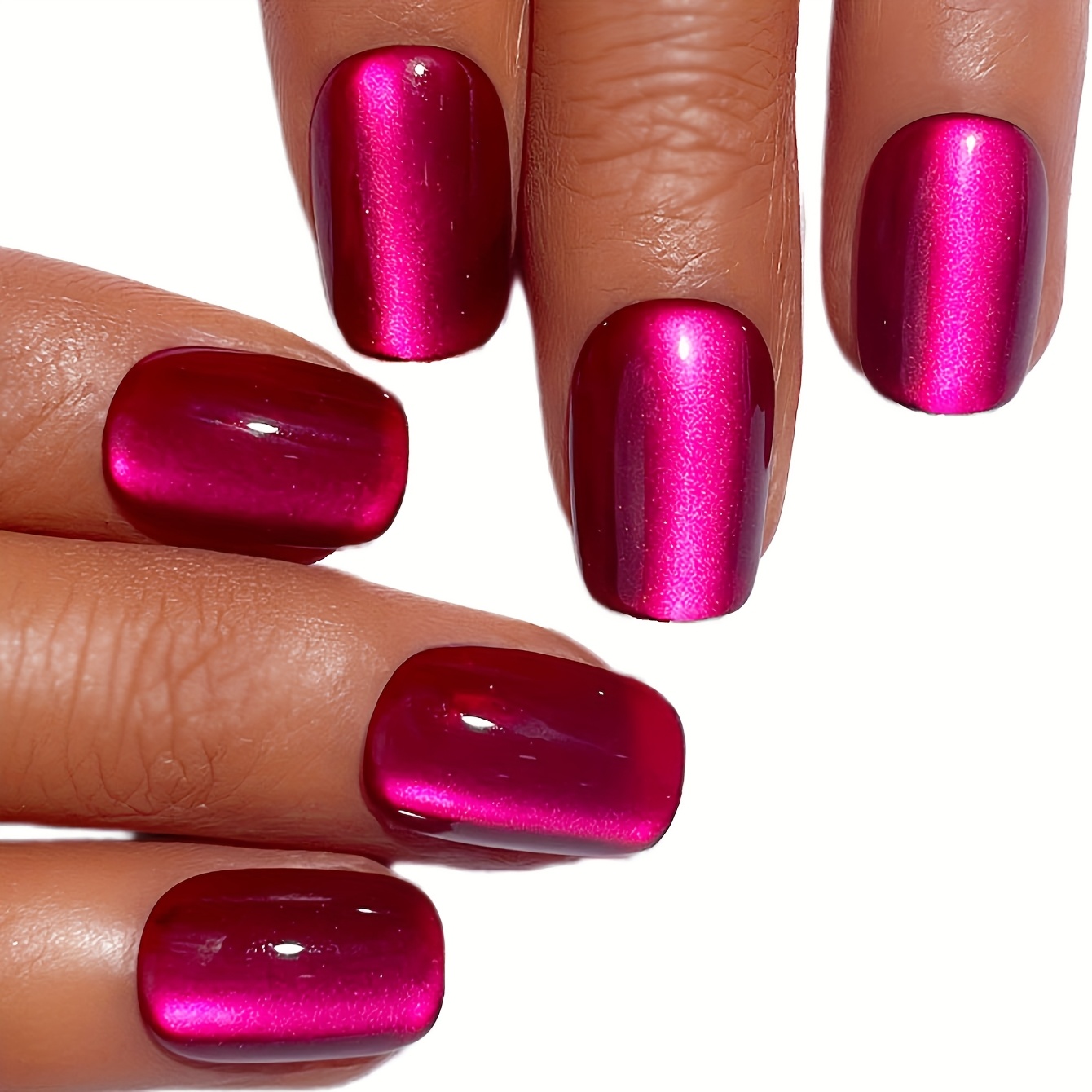 TEMU Fluorescent Rose Red Cat Eye Solid Color 32pcs Short Square Press-on Reusable Nail Tips & 1 Nail File & 1 Jelly Glue For Party And Upgrade Outfits