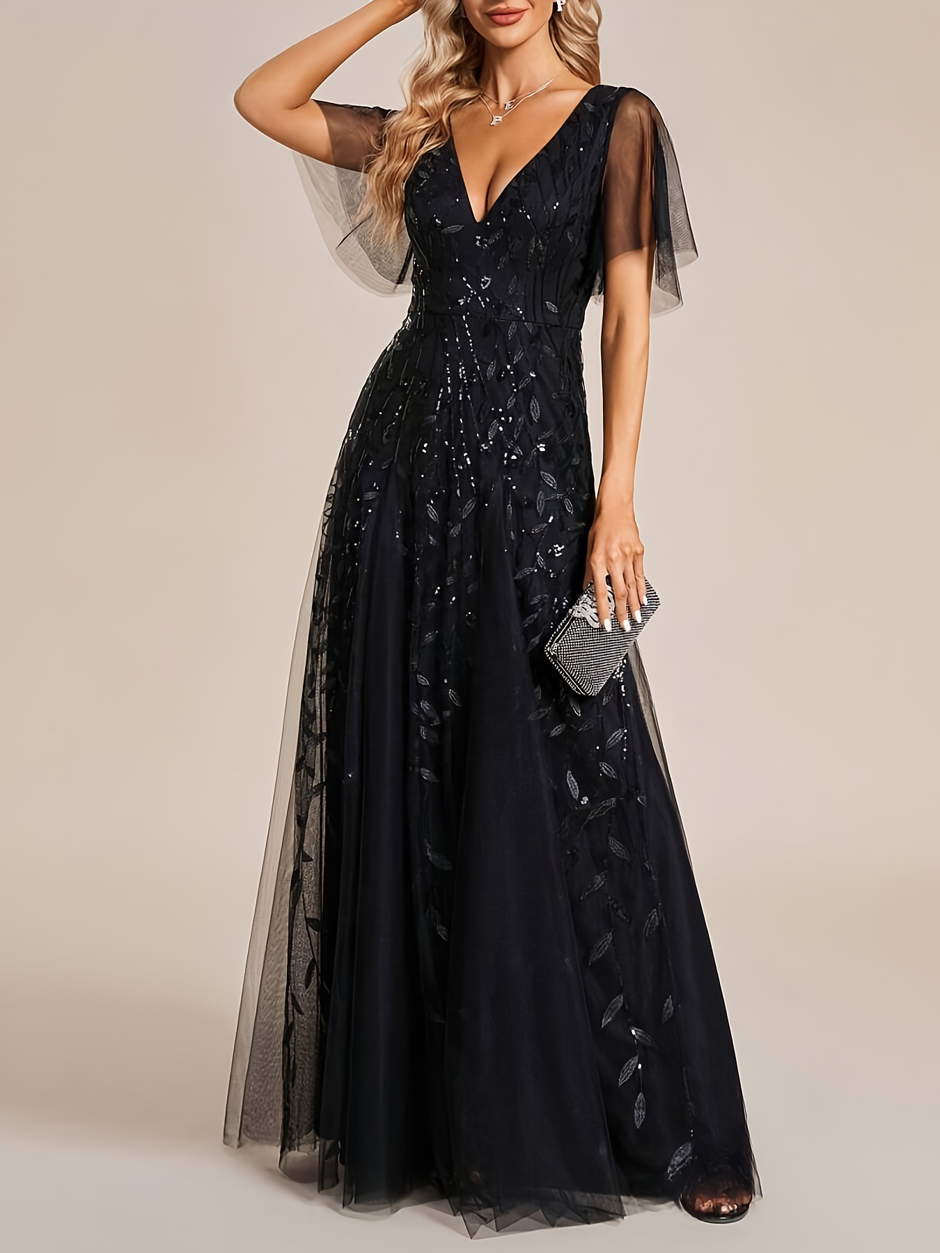 embroidered net dresses Black Floral Sequin Embellished Trumpet Gown main image 1