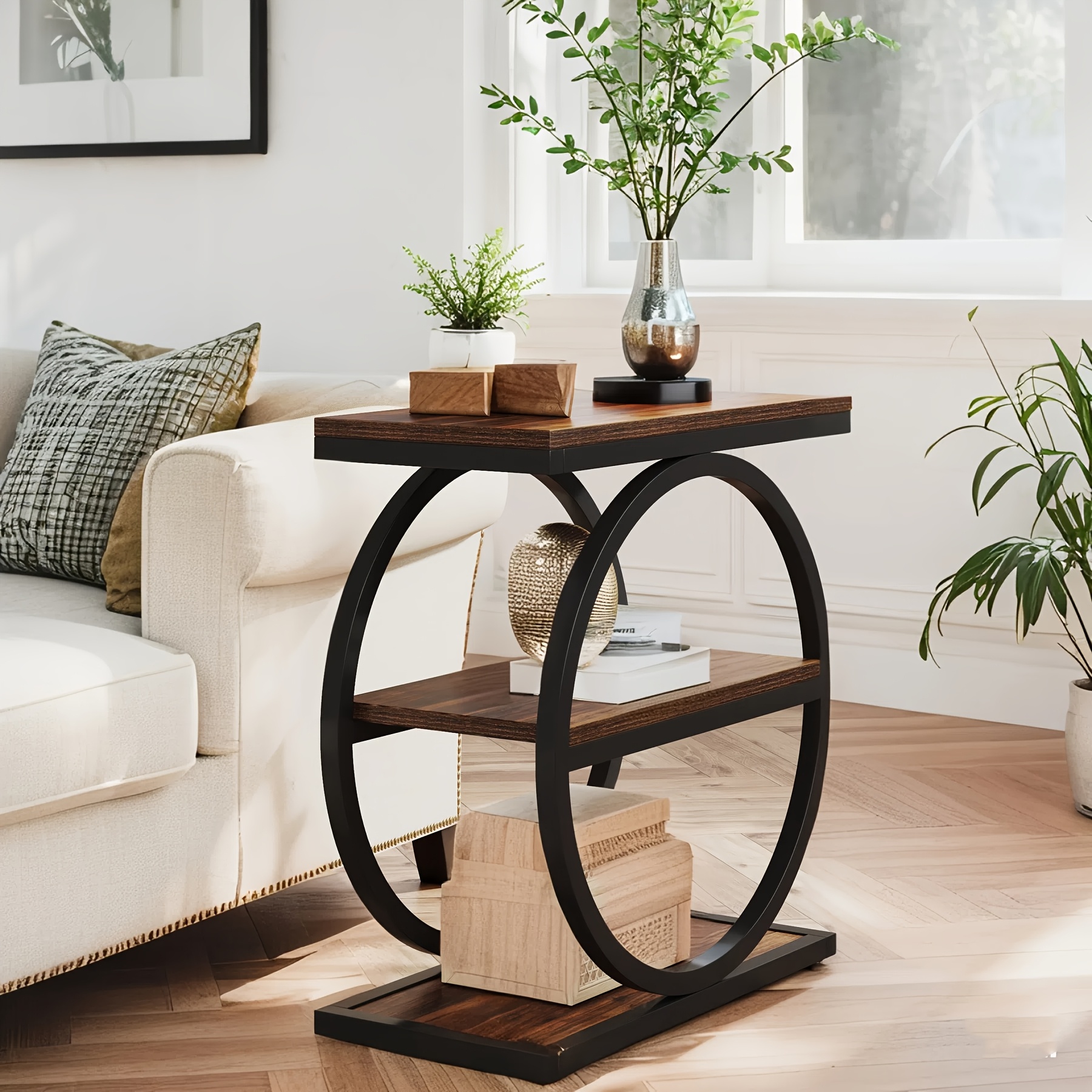 Vintage End Table Set Of 2, Narrow End Table with 3 Storage Shelves, Farmhouse Wooden Side Table, Industrial Small Sofa Side Table for Living Room, Modern Slim Nightstand And Bedside Table for Bedroom - Image 3
