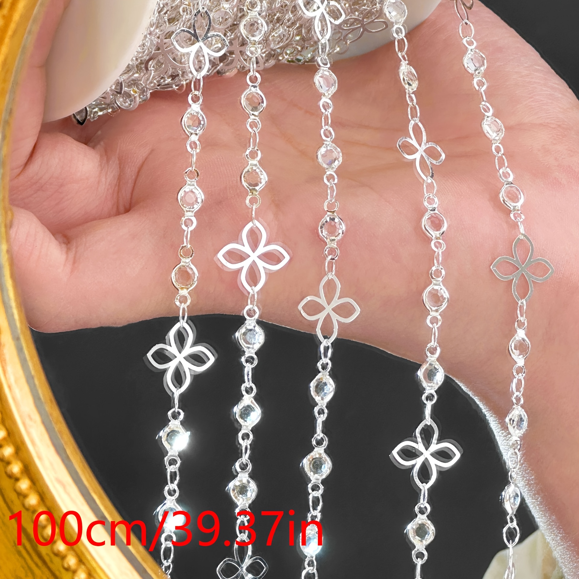 TEMU 1 Mètre de Chaîne en Cuivre à Fleurs à Quatre Pétales Creuses en Verre Incrusté, Collier, Chaîne à Gland, Additions de Coiffure, Chaîne Libre en