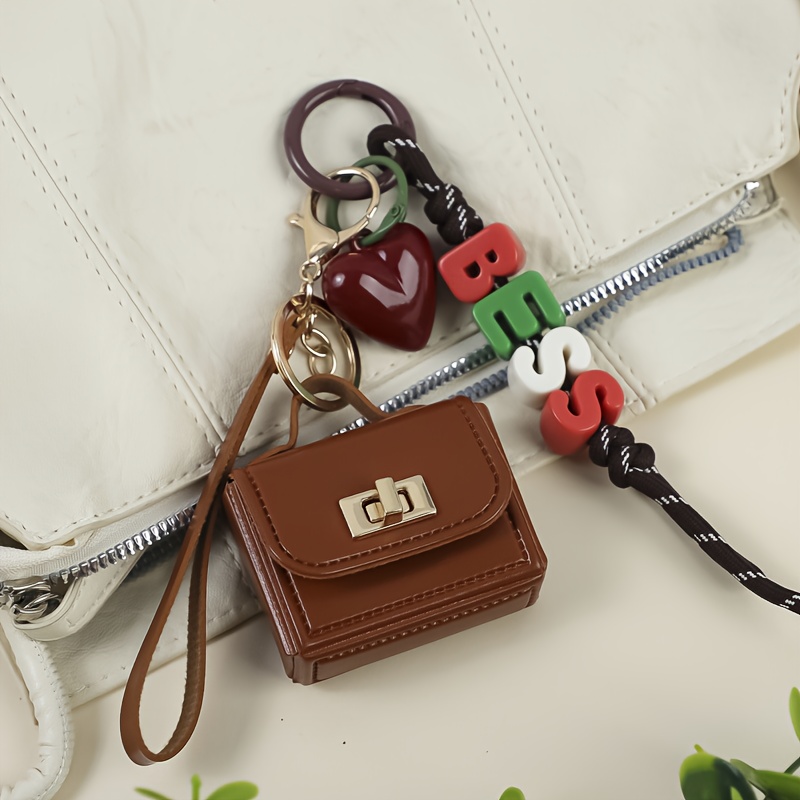 TEMU 1pc Personalized Mini Bag Charm Keychain With Custom Name/text, Heart & Letter Beads - Interlocking Charms Design, Customizable Gift For Women,