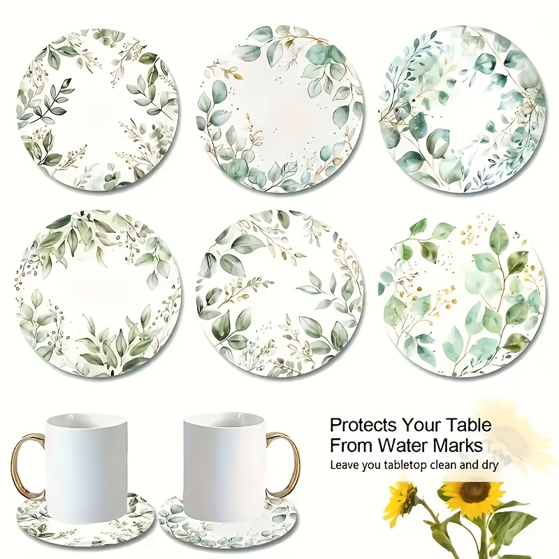 TEMU 6pcs Cork Coaster Set, Watercolor Illustration Style, Green Leaves And Wreaths, Fresh, Elegant, Unique, Natural Atmosphere, Wooden Coasters Size