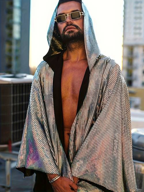 mens loose laser sequin hooded shawl nightclub rave music with contrast sequin details and stretch fabric