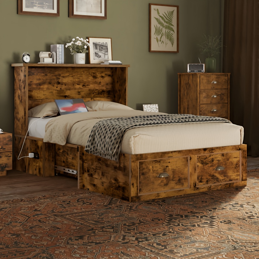 TEMU Lit Murphy, de Ferme en Bois avec Station de Charge et Tiroir de Rangement pour Chambre/ Bureau/Chambre d'Invités