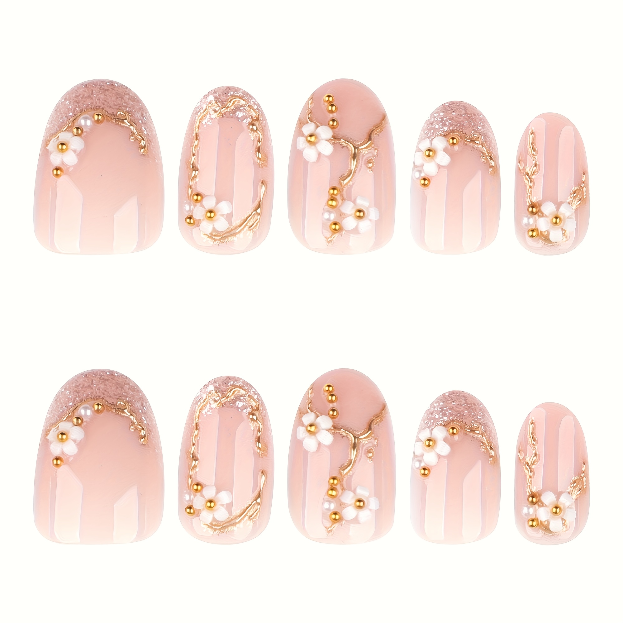 TEMU 24pcs Danartlux Short Almond Press-on Nails Suitable For Daily Wear, Spring Flower Fake Nails Tips With Glossy & Spring , Easy Application Nail