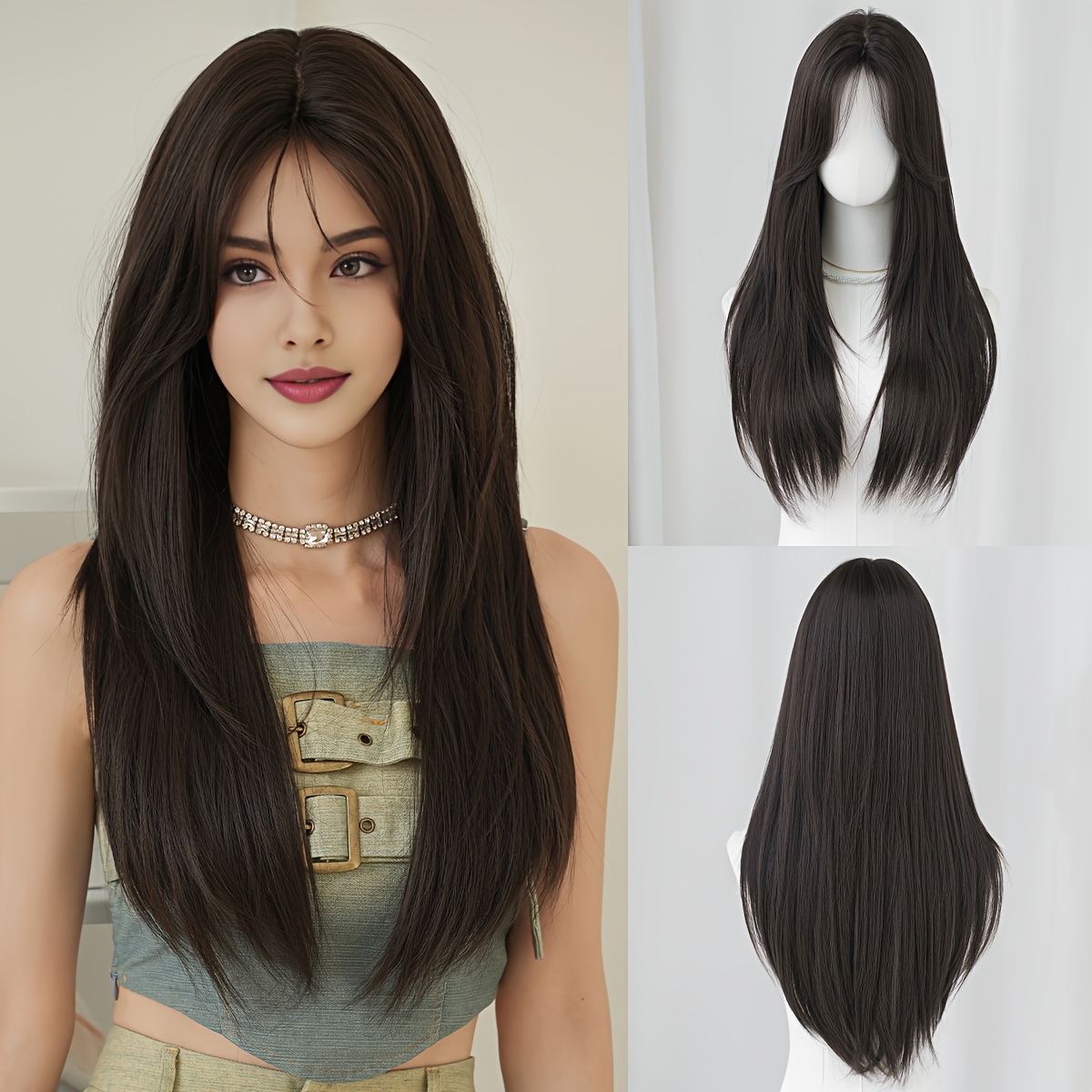 

Chic Dark Brown Long Straight Wig For Women - 27" Middle Part, High-density Layered Synthetic Hair, Heat Resistant, & Parties