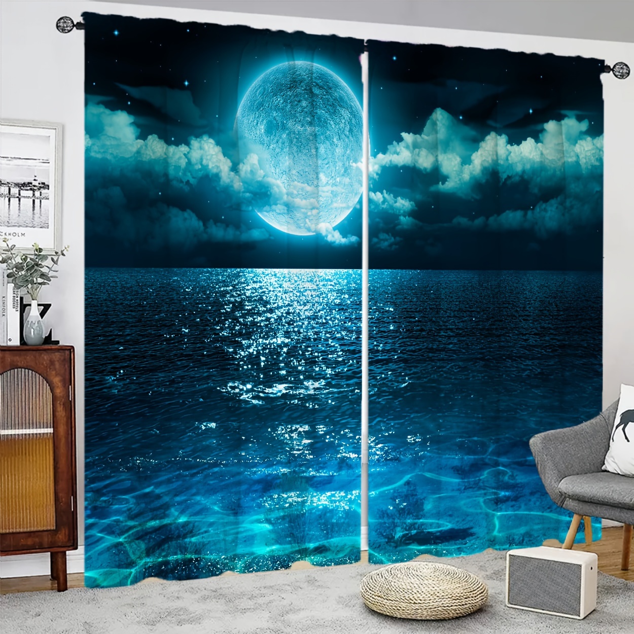 

2pcs Moon Pattern Curtains, Rod Pocket Decorative Window Drapes, Window Treatments For Bedroom Living Room, Home Decoration, Room Decoration