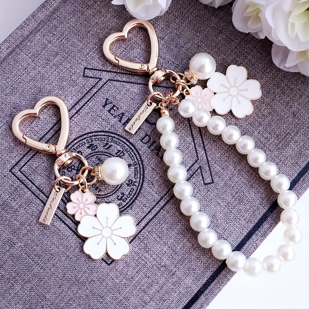 

2pcs Heart & Flower Pearl Keychains - Chic Metal Cartoon Charms For Purses, Handbags & Phone Accessories - Perfect Valentine's Gift