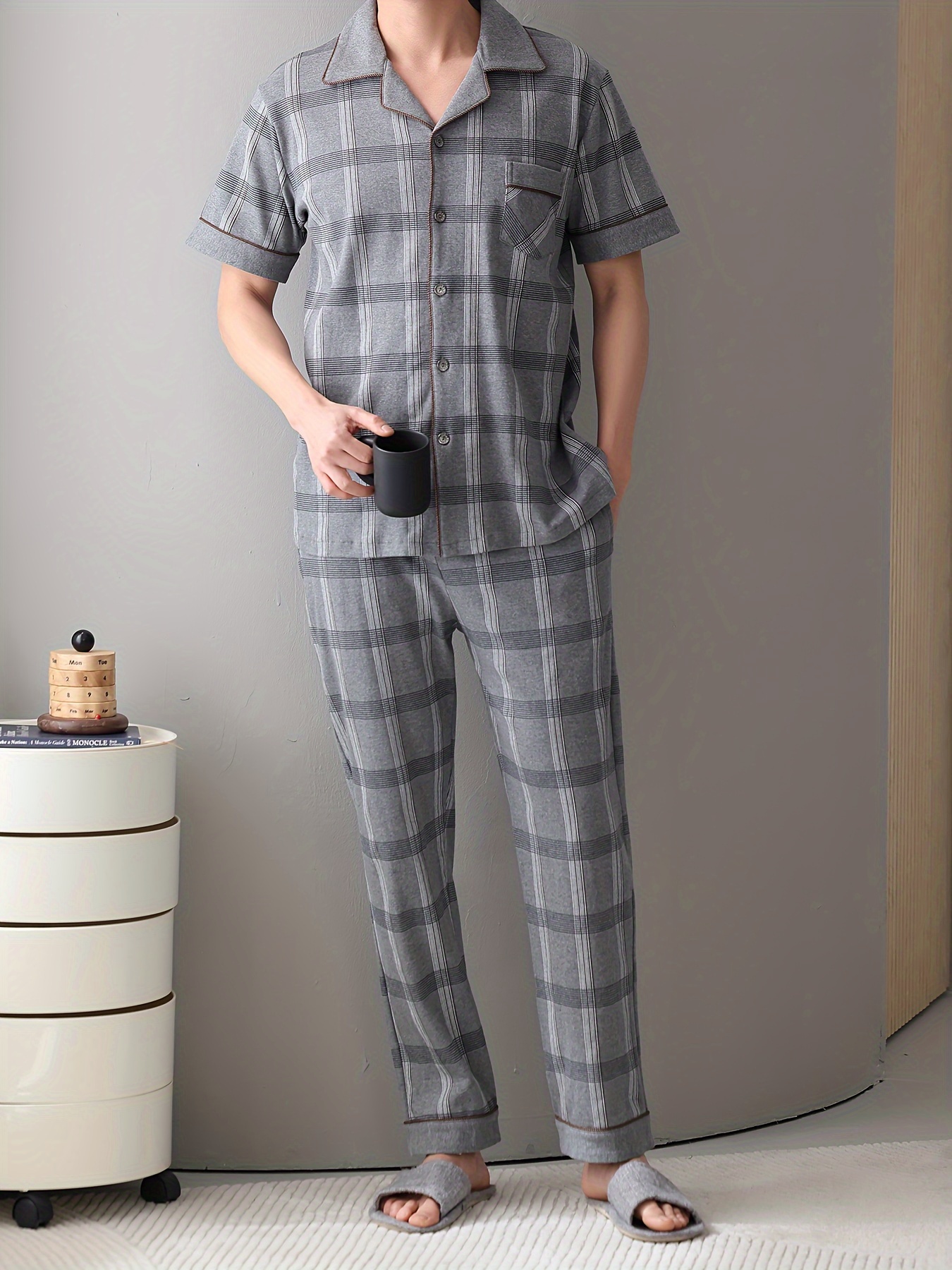 Men's Cotton Pajama Set - Lightweight, Breathable Summer Sleepwear with Short Sleeve Button-Up Top & Long Pants, Plus Size Available