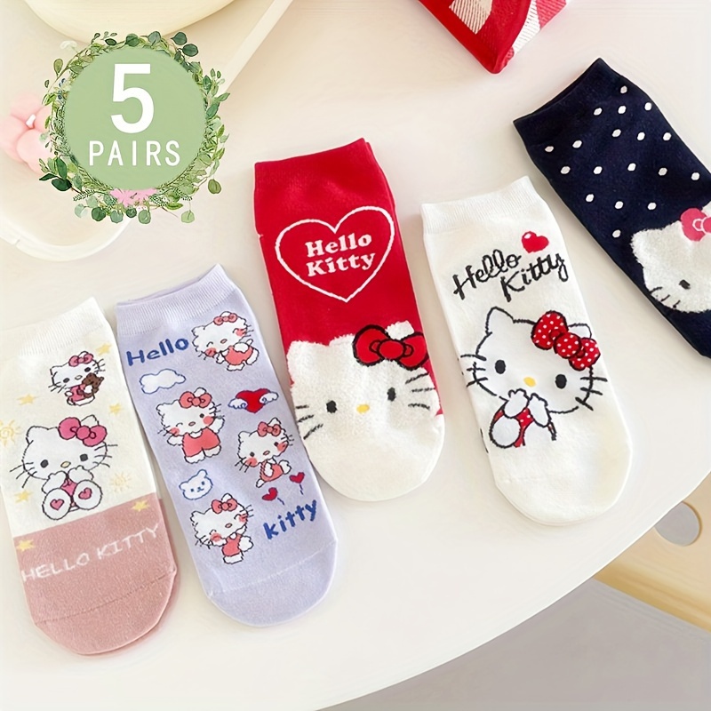 

5 Pairs Hello Kitty Cartoon Socks, Comfy & Breathable Short Socks, Women's Stockings & Hosiery