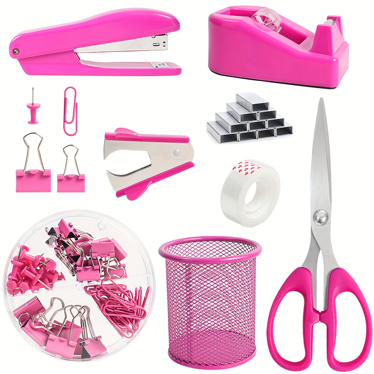 

Rose Pink Desk Organizer Office Supplies Set With Stapler, Tape Dispenser, Scissors, Paper Clamps, Push Pins, Binder Clips, And Pen Holder - Durable Plastic Home Office Accessories Kit