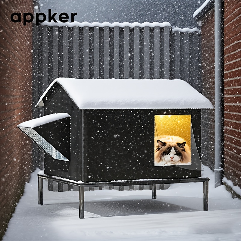 TEMU Appker Winter Outdoor Pet Cat And Dog House - Thickened, Warm, Rainproof And Windproof Oxford Cloth House With Safety Fence, Suitable For Cats