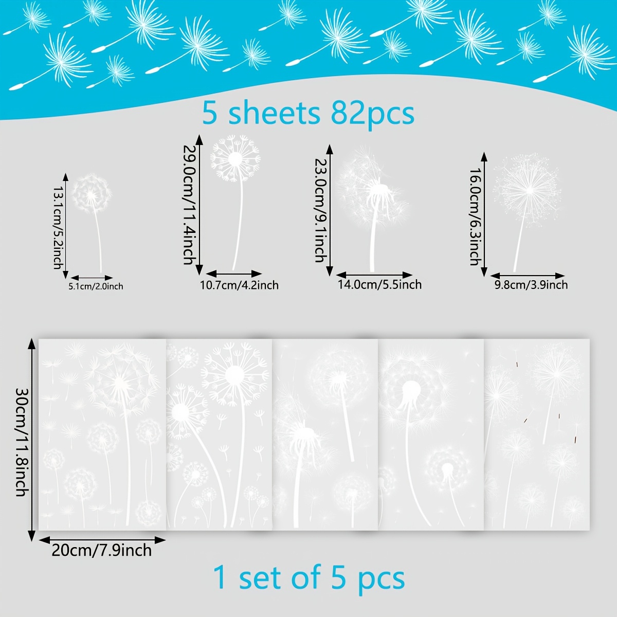82pcs/5pcs Classic Dandelion Window Decor Stickers Reusable Household And Office Glass Surface Static Window Stickers, Double-sided Refrigerator And Window Stickers, Dandelion Static Glass Stickers